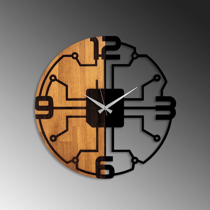 Wallity Reloj de Pared Decorativo 61, Madera y Metal, Nogal y Negro, 56 cm